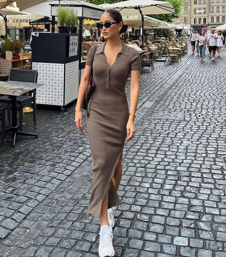 2024 summer new European and American fashion women’s elegant temperament trendy sexy lapel short-sleeved slit dress